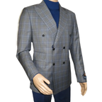 Men's Mono Double Breasted Blazer Super 180s Wool 1523-01 Gray Blue Plaid