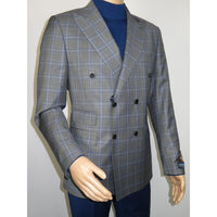 Men's Mono Double Breasted Blazer Super 180s Wool 1523-01 Gray Blue Plaid