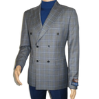 Men's Mono Double Breasted Blazer Super 180s Wool 1523-01 Gray Blue Plaid