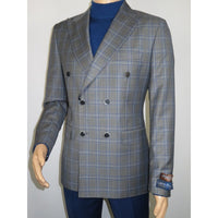 Men's Mono Double Breasted Blazer Super 180s Wool 1523-01 Gray Blue Plaid