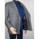 Men's Mono Double Breasted Blazer Super 180s Wool 1523-01 Gray Blue Plaid