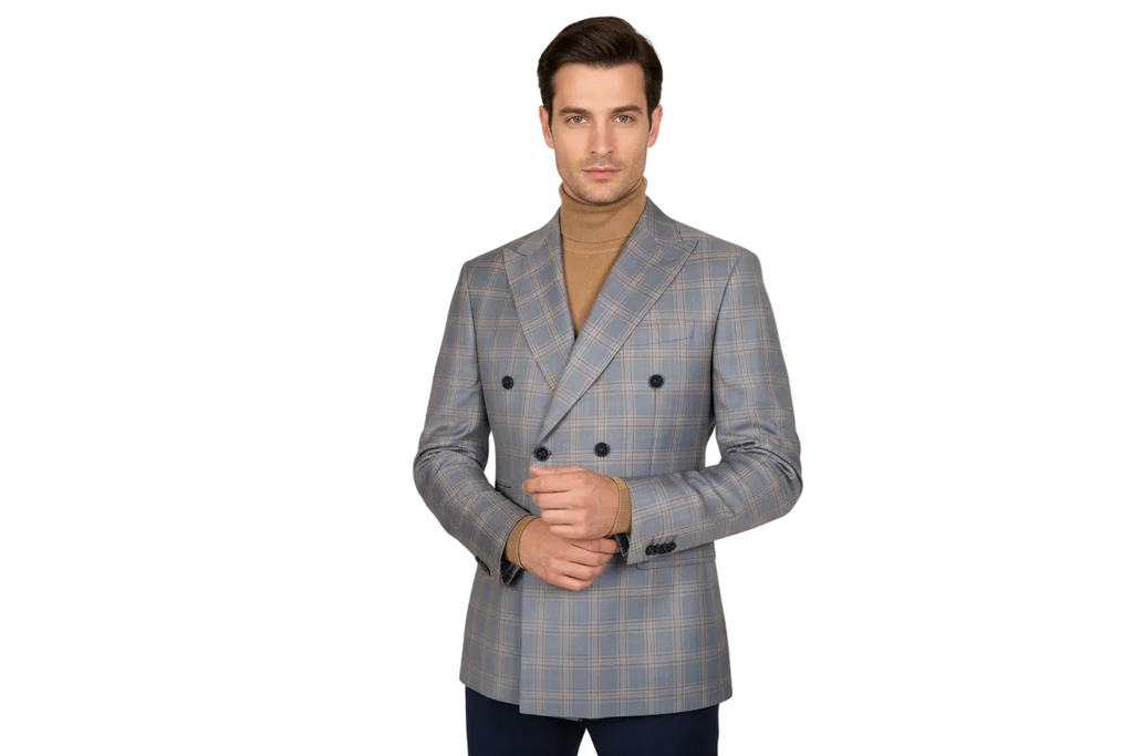 Men's Mono Double Breasted Blazer Super 180s Wool 1523-02 Blue Brown Plaid
