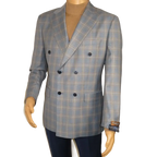 Men's Mono Double Breasted Blazer Super 180s Wool 1523-02 Blue Brown Plaid