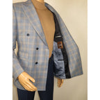 Men's Mono Double Breasted Blazer Super 180s Wool 1523-02 Blue Brown Plaid