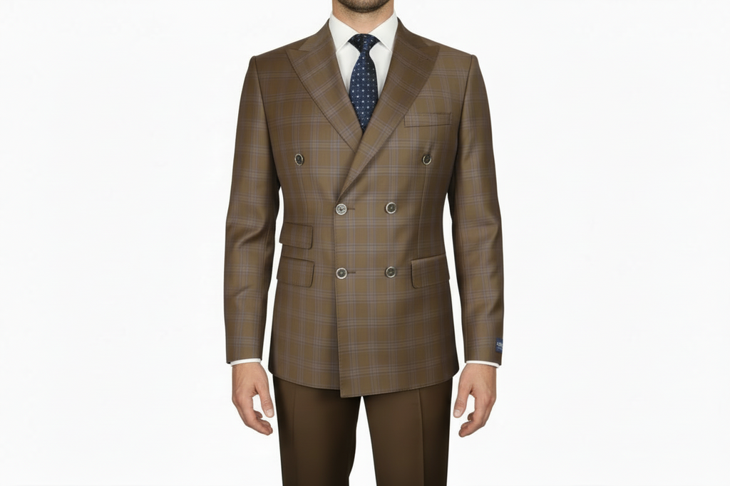 Men's Mono Double Breasted Blazer Super 180s Wool 1523-03 Brown Blue Plaid