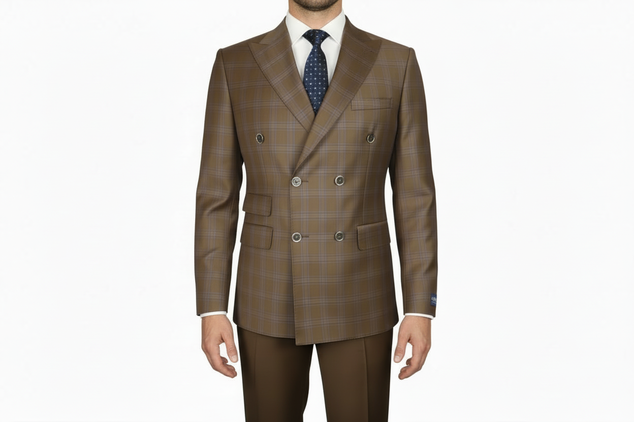 Men's Mono Double Breasted Blazer Super 180s Wool 1523-03 Brown Blue Plaid