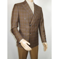 Men's Mono Double Breasted Blazer Super 180s Wool 1523-03 Brown Blue Plaid