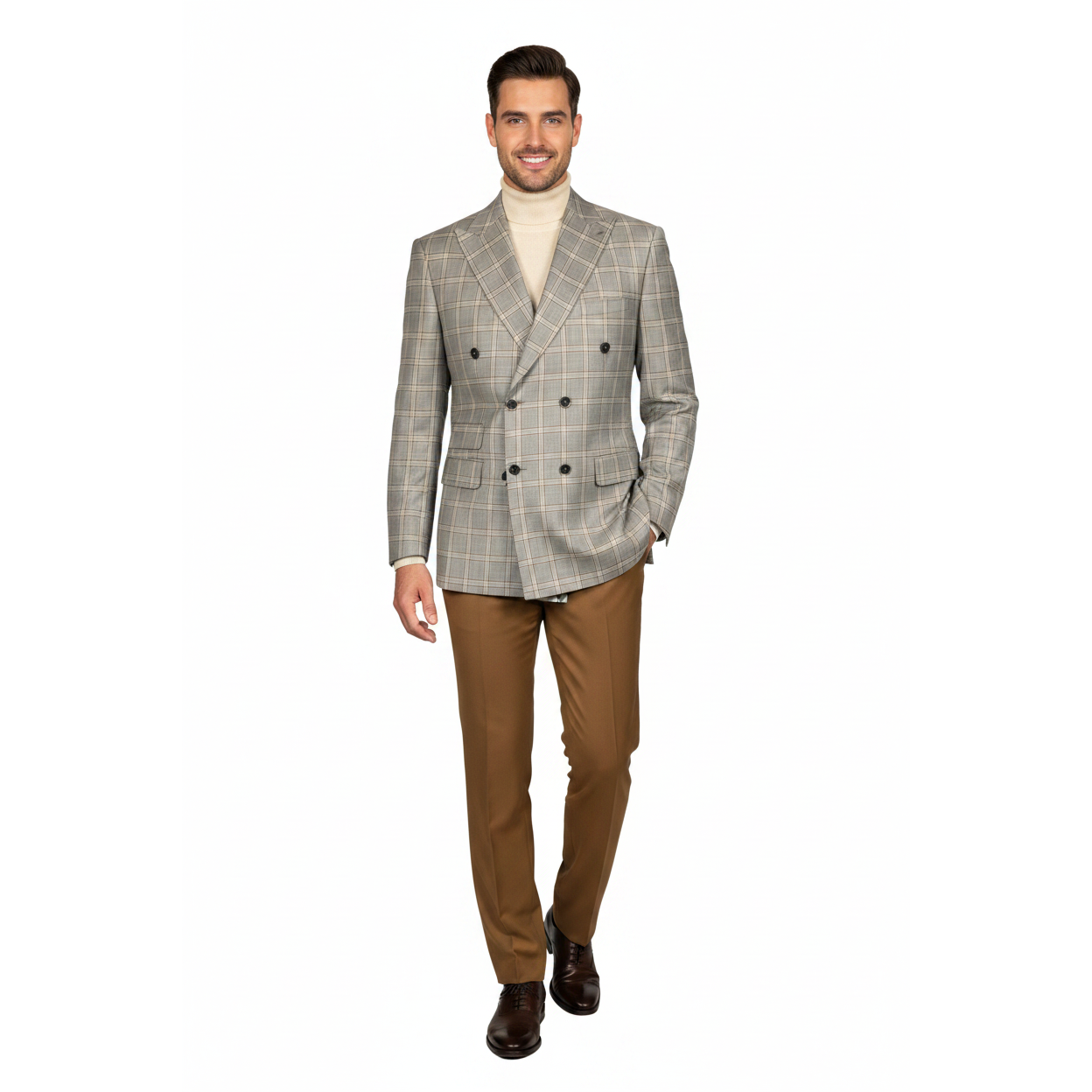 Men's Mono Double Breasted Blazer Super 180s Wool 1523-04 Gray Brown Plaid