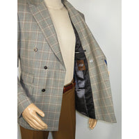 Men's Mono Double Breasted Blazer Super 180s Wool 1523-04 Gray Brown Plaid