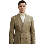 Men's Mono Double Breasted Blazer Super 180s Wool 1523-05 Camel Brown Plaid