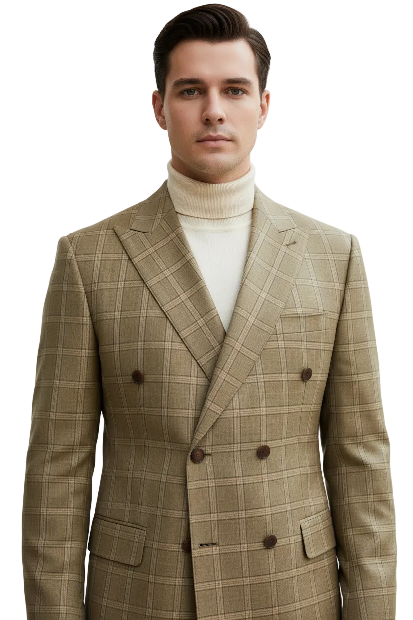 Men's Mono Double Breasted Blazer Super 180s Wool 1523-05 Camel Brown Plaid