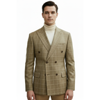 Men's Mono Double Breasted Blazer Super 180s Wool 1523-05 Camel Brown Plaid