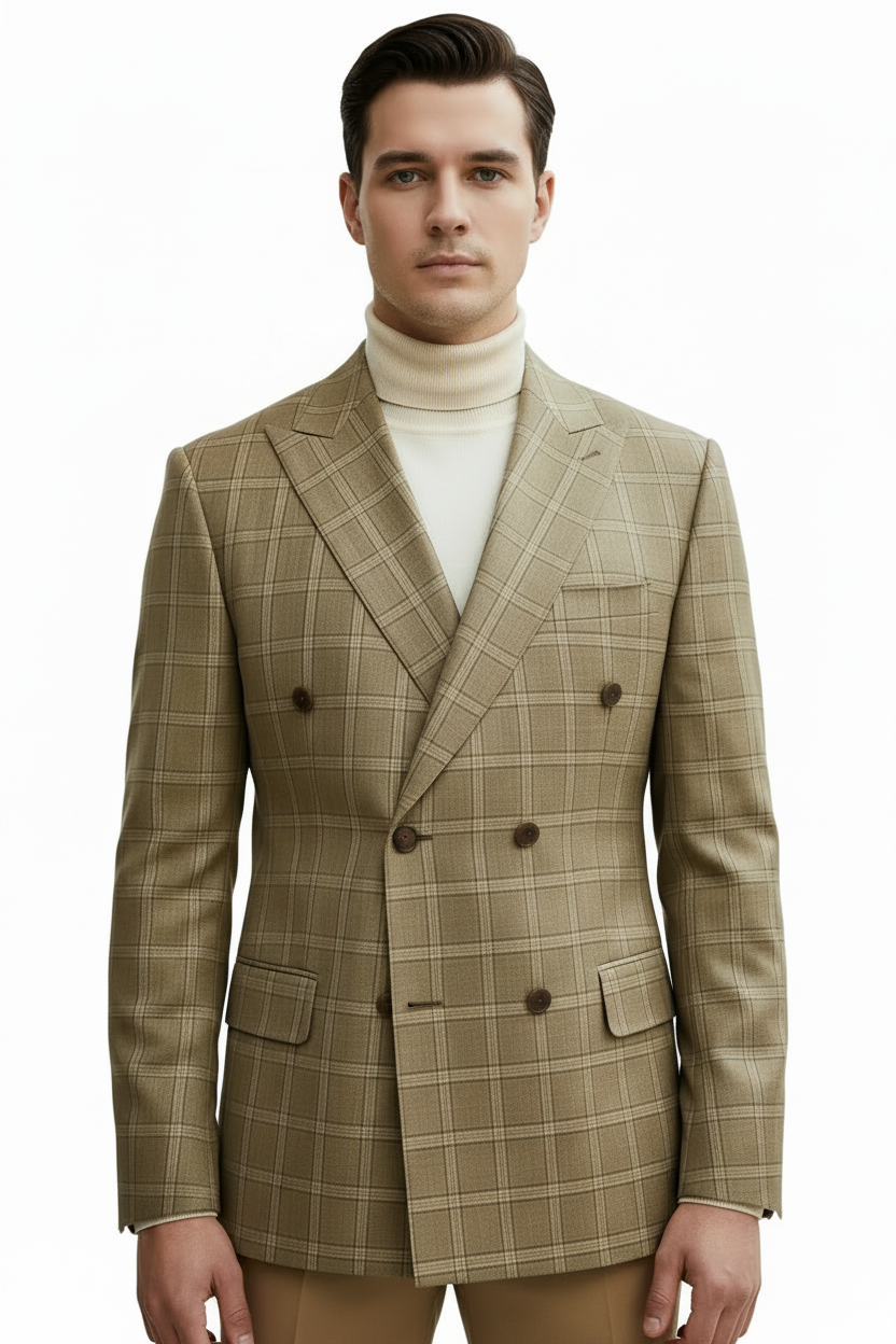 Men's Mono Double Breasted Blazer Super 180s Wool 1523-05 Camel Brown Plaid