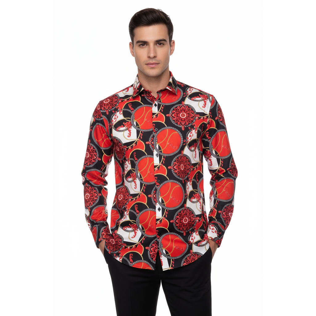 Men's AVM Crystal Shirt Medallion Cotton Turkey Slim Fit 15651-01 Red/Black