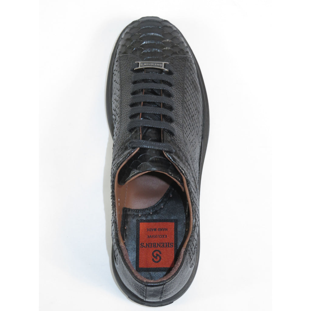 Men's Sneaker Shoes By SHENBINS Genuine Python and Deer Leather Hand Made 17031 Black