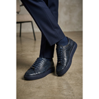 Men's Sneaker Shoes By SHENBINS Genuine Python and Deer Leather Hand Made 17031 Navy Blue