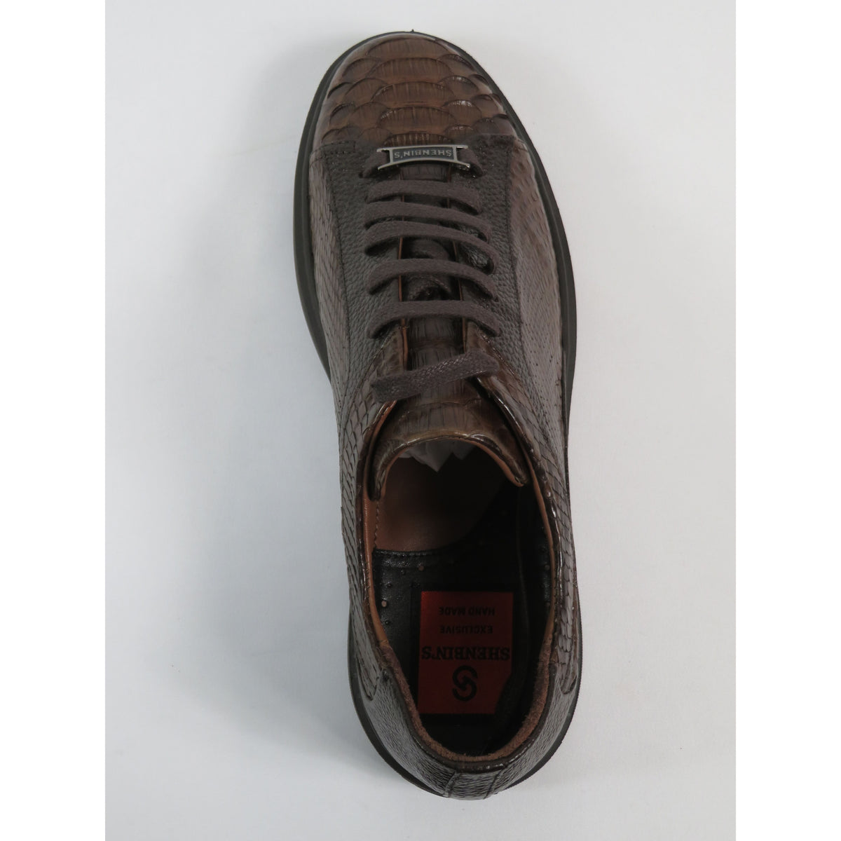 Men's Sneaker Shoes By SHENBINS Genuine Python and Deer Leather Hand Made 17031 Brown