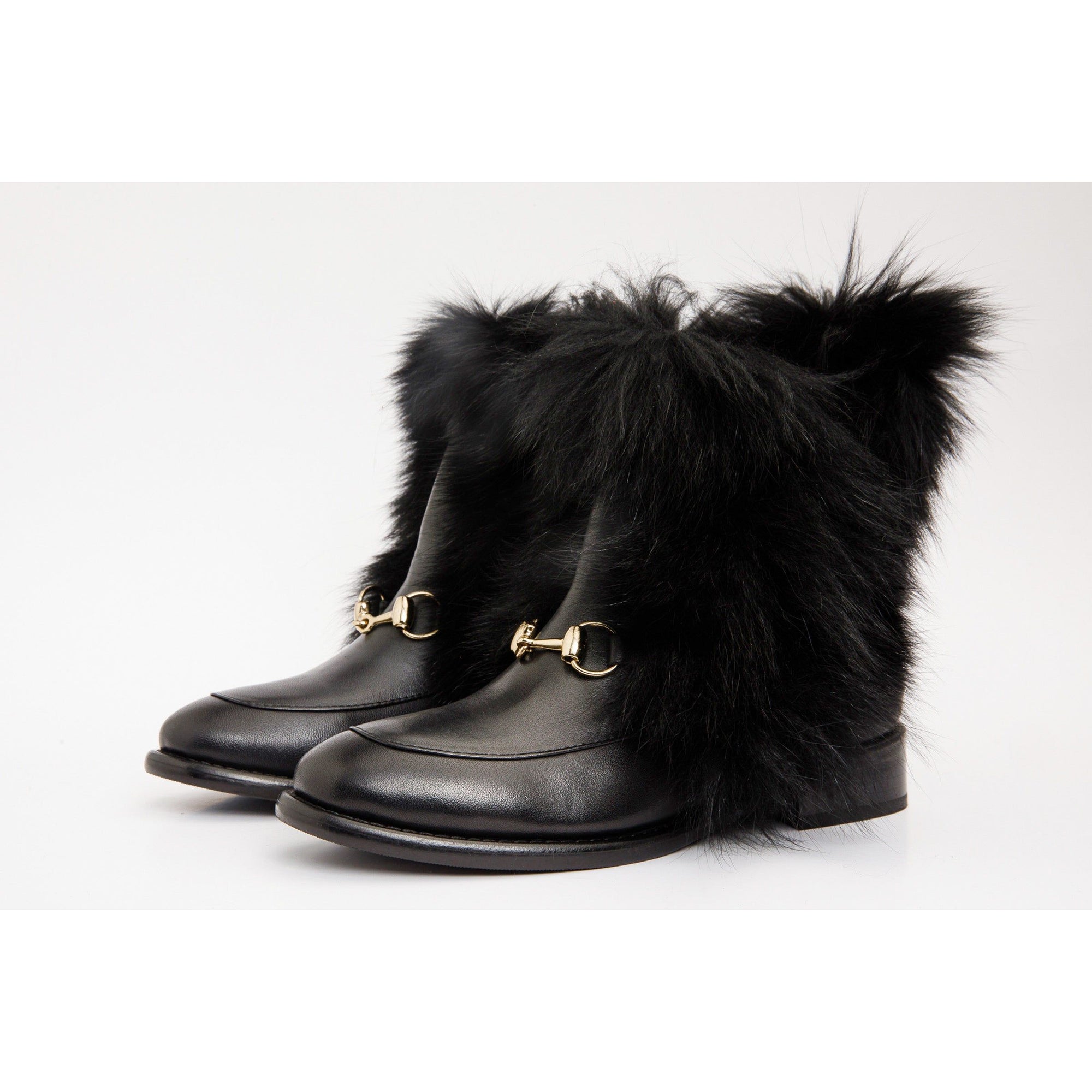 The Izmir Black Leather Natural Fur Mid Calf Women Boot