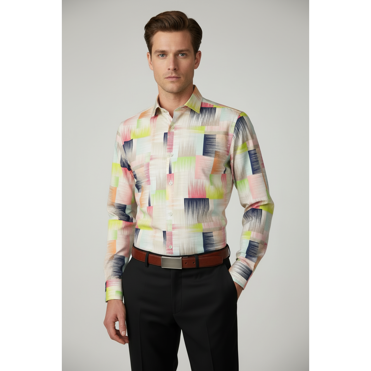 Men's AVM Rhine Stone Digital Print Shirt Cotton Turkey Slim Fit 19590-01 Multi