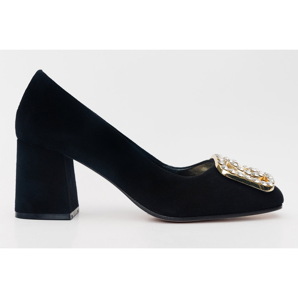 The California Black Suede Leather Block Heel Pump Women Shoe