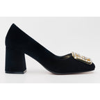 The California Black Suede Leather Block Heel Pump Women Shoe