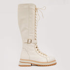 The Istinye Cream Leather Knee High Lace-Up Women Boot Limited Edition