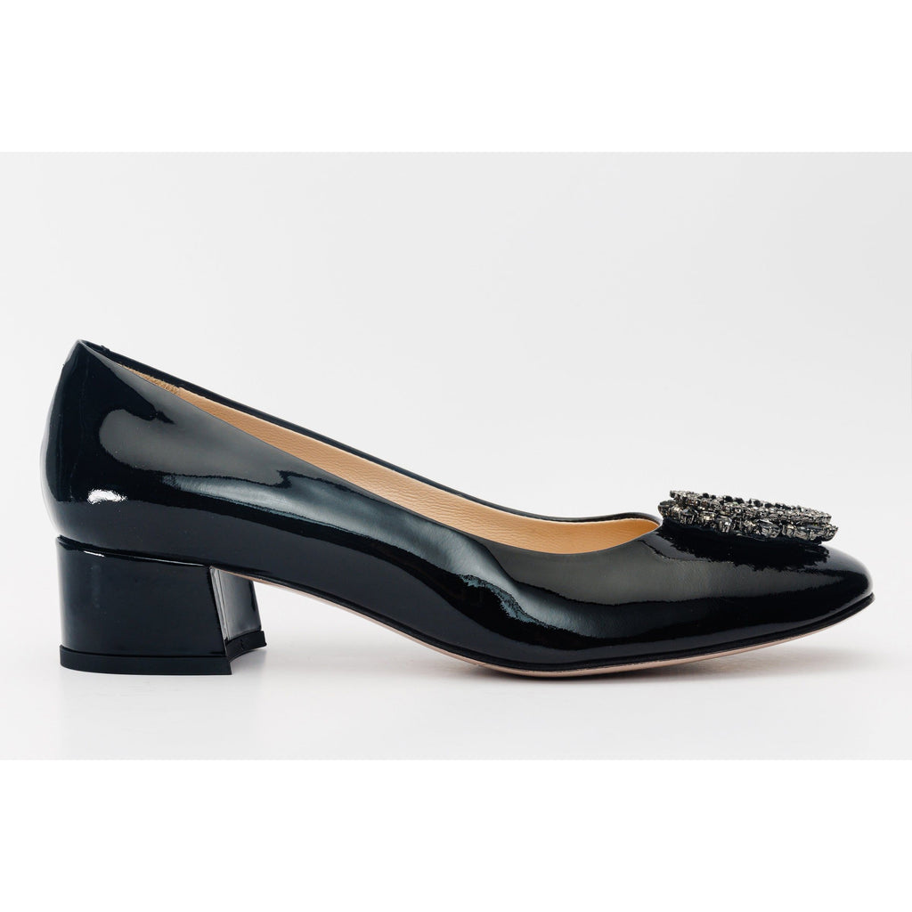 The Danish Black Patent Leather Block Heel Pump Women Shoe