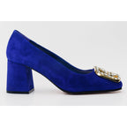 The California Sax Blue Suede Leather Block Heel Pump Women Shoe