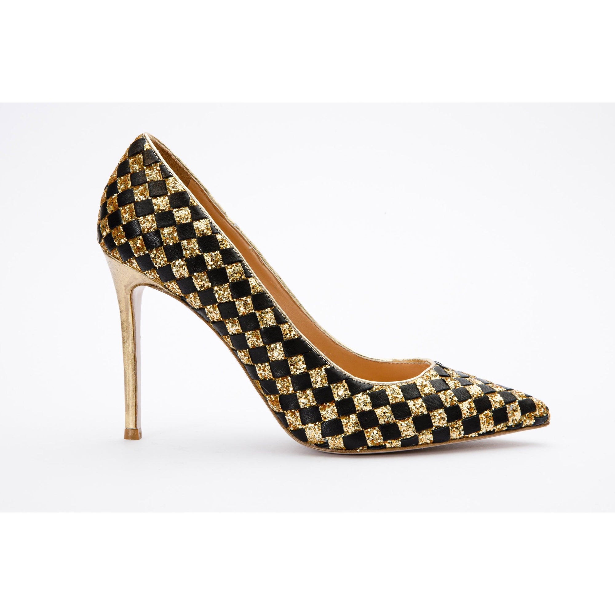 The Saks Tory Gold & Black Handwoven Leather Pump Women Shoe