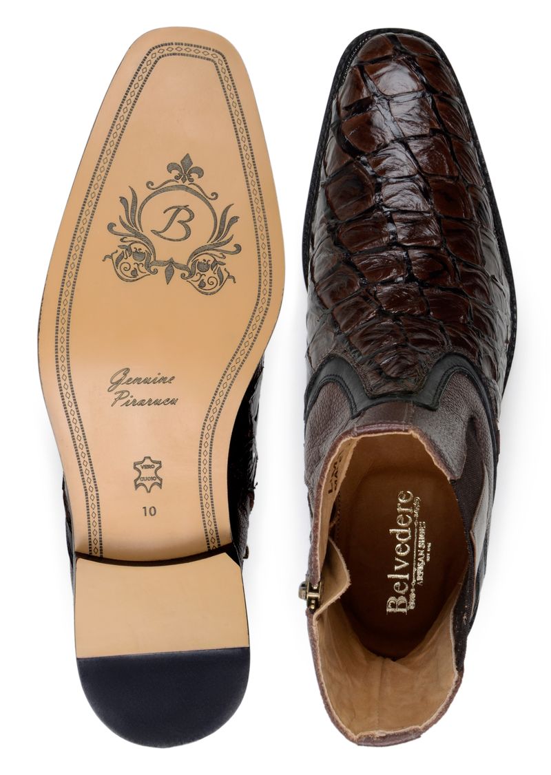 Belvedere Lima Genuine Pirarucu Skin and Pebble Grain Calf Chukka Zipper Boots Brown