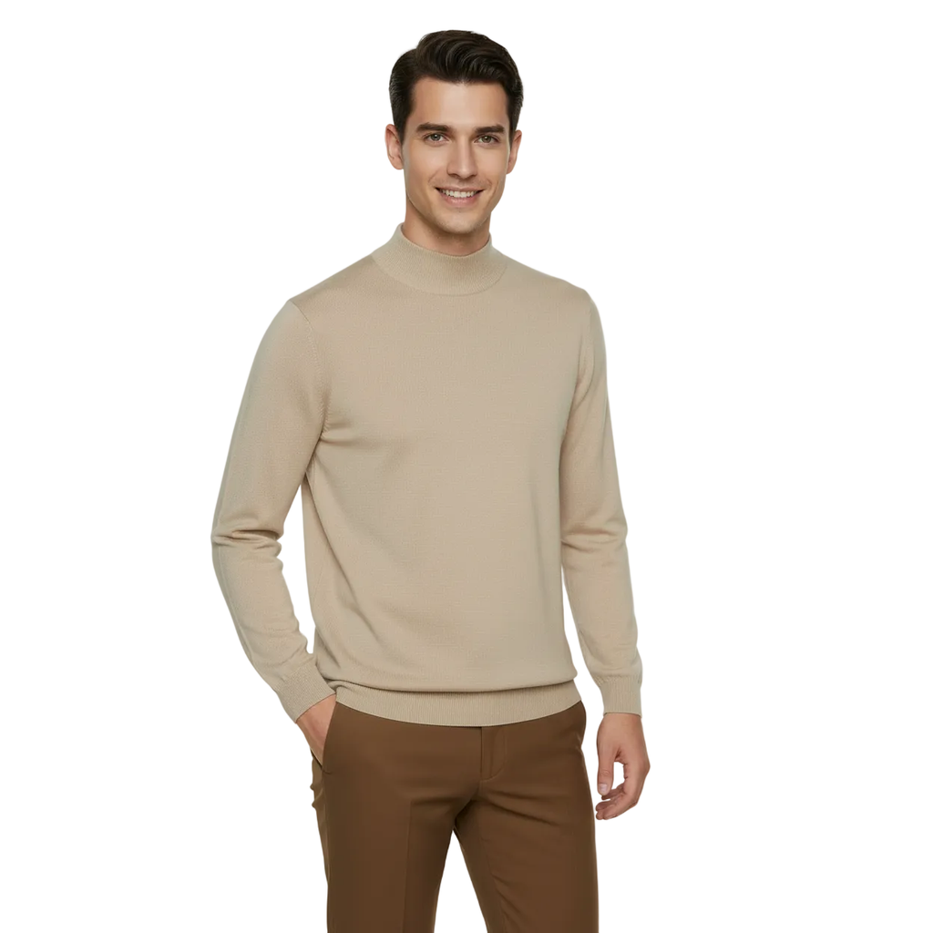 Men's Sweater Knit By BRANGO Turkey Mock Neck Cotton Blend 21050 Beige