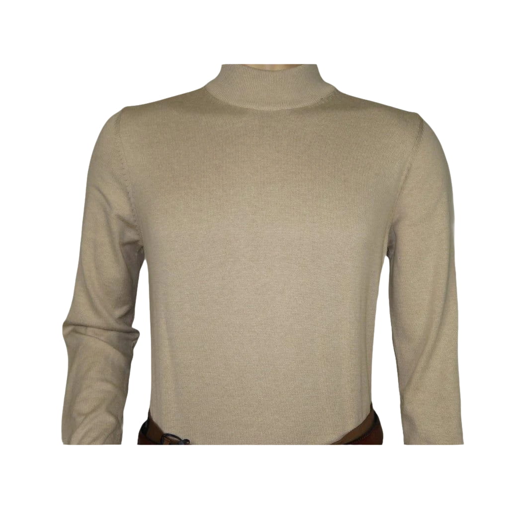 Men's Sweater Knit By BRANGO Turkey Mock Neck Cotton Blend 21050 Beige