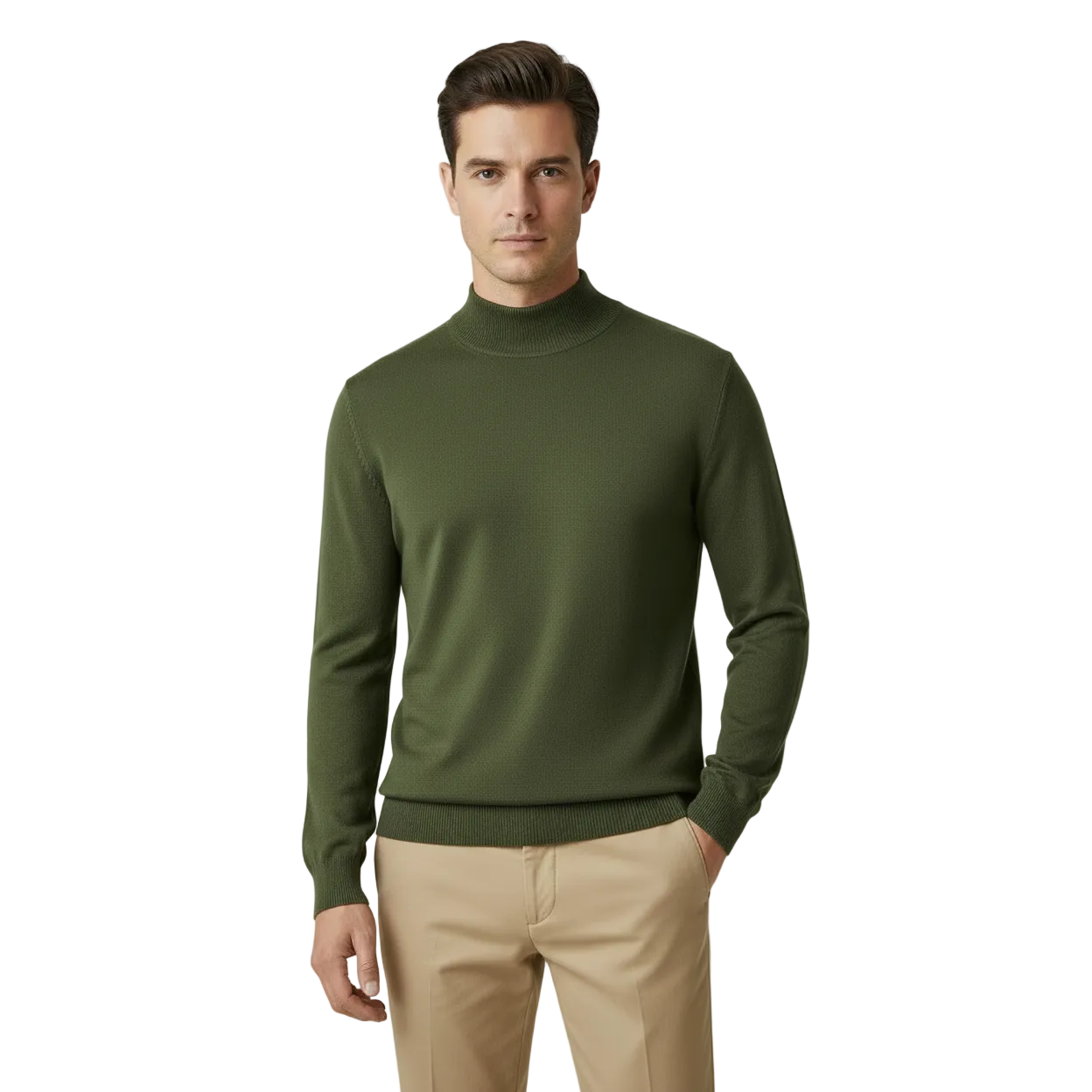 Mens Sweater Knit BRANGO Turkey Mock Neck Cotton Blend 21050 Khaki Green