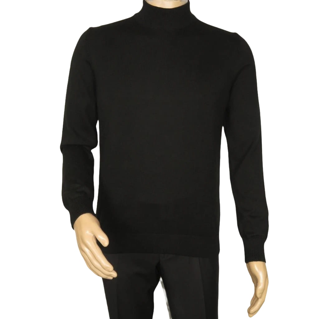Men's Sweater Knit By BRANGO Turkey Mock Neck Cotton Blend 21050 Black