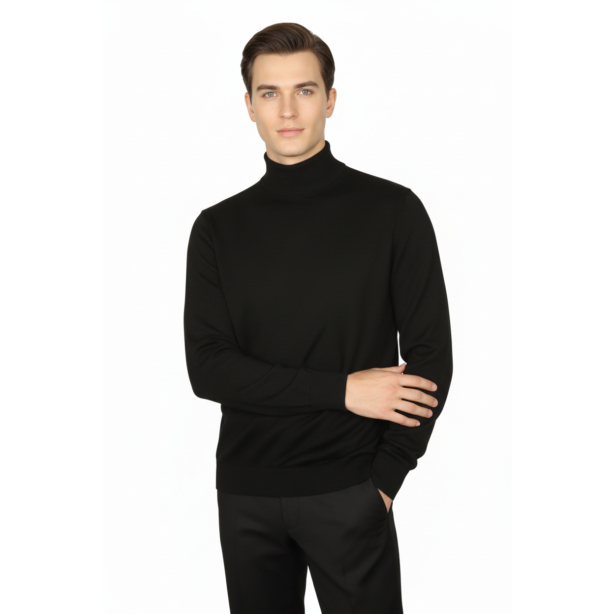 Men's Sweater Knit By BRANGO Turkey Mock Neck Cotton Blend 21050 Black
