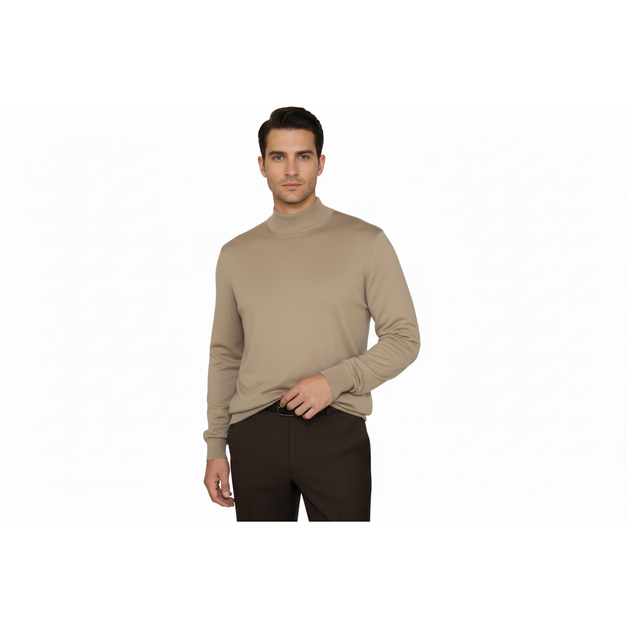 Men's Sweater Knit By BRANGO Turkey Mock Neck Cotton Blend 21050 Dark Beige