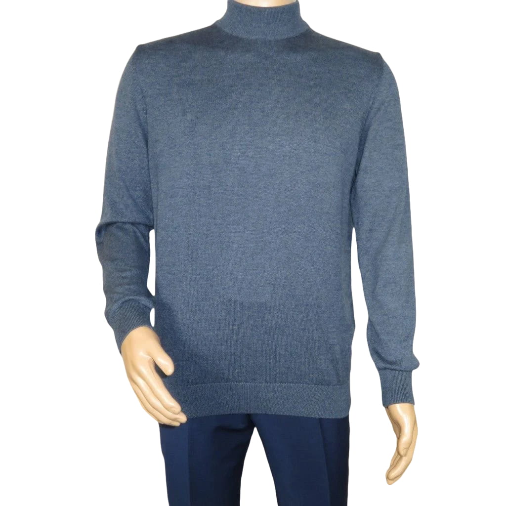 Men's Sweater Knit By BRANGO Turkey Mock Neck Cotton Blend 21050 Indigo Blue