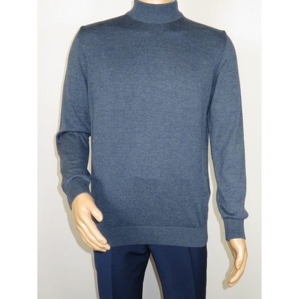 Men's Sweater Knit By BRANGO Turkey Mock Neck Cotton Blend 21050 Indigo Blue