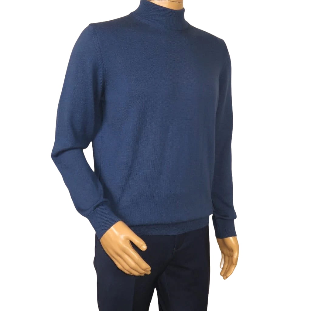 Men's Sweater Knit By BRANGO Turkey Mock Neck Cotton Blend 21050 Sax Blue