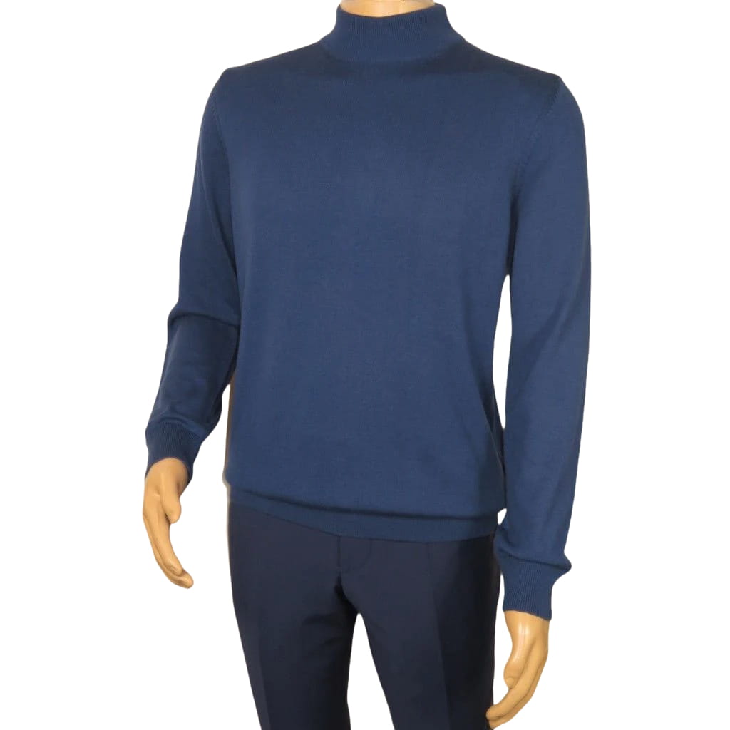 Men's Sweater Knit By BRANGO Turkey Mock Neck Cotton Blend 21050 Sax Blue