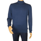 Men's Sweater Knit By BRANGO Turkey Mock Neck Cotton Blend 21050 Sax Blue