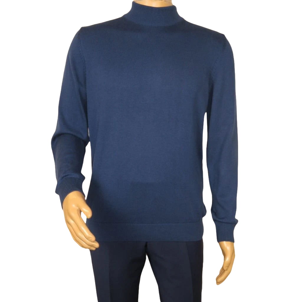 Men's Sweater Knit By BRANGO Turkey Mock Neck Cotton Blend 21050 Sax Blue