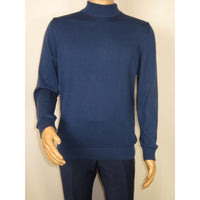 Men's Sweater Knit By BRANGO Turkey Mock Neck Cotton Blend 21050 Sax Blue