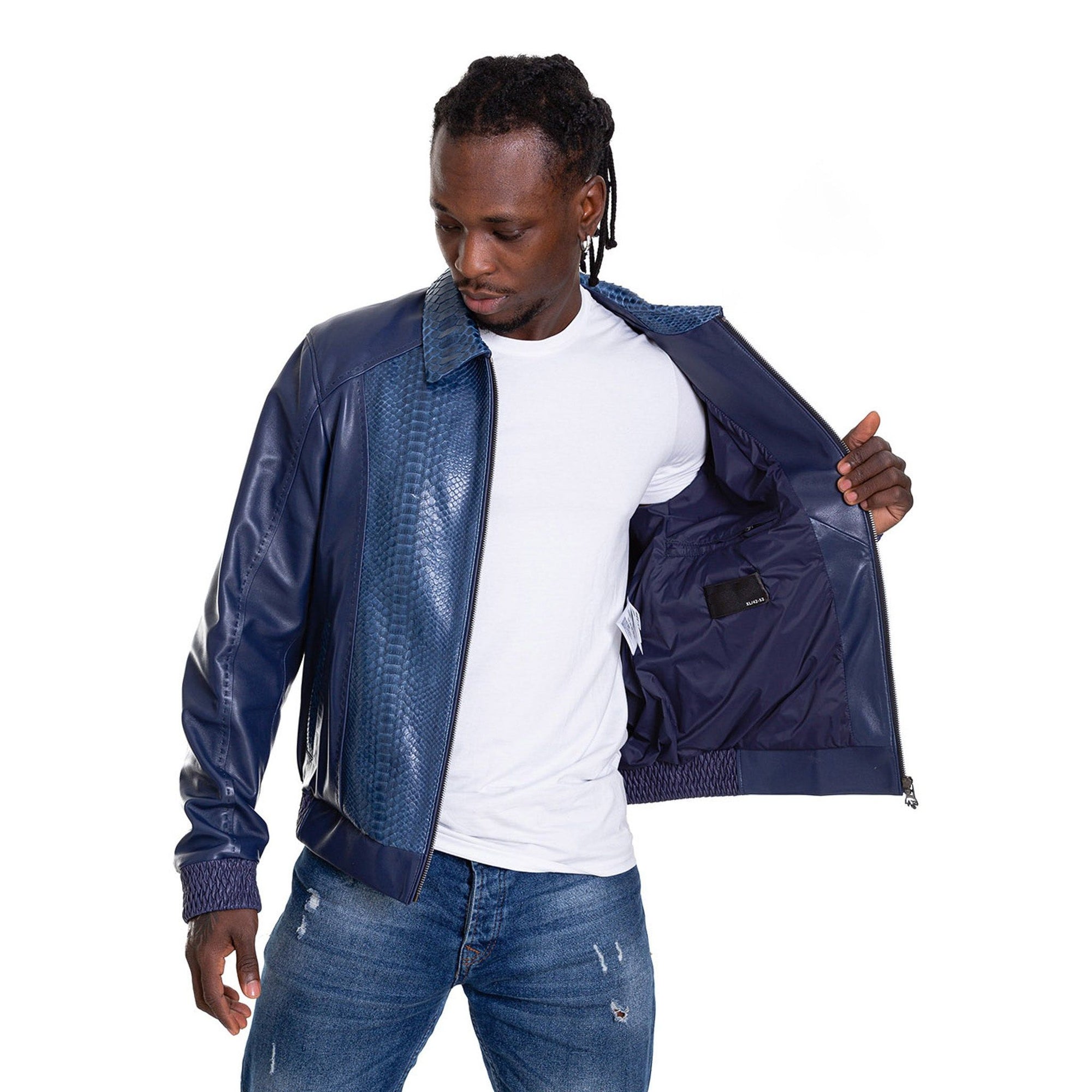 Vinci The Lopera Snake Navy Blue Leather Men Jacket