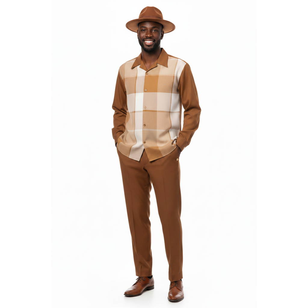 Men's MONTIQUE Two Piece Set Walking Leisure Suit 2370 Copper Tan Plaid