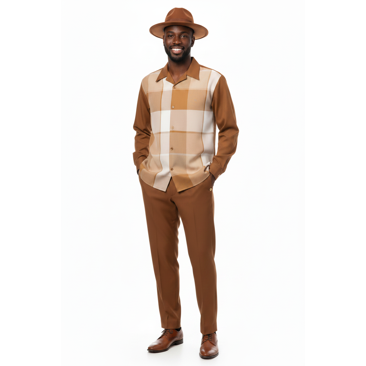 Men's MONTIQUE Two Piece Set Walking Leisure Suit 2370 Copper Tan Plaid