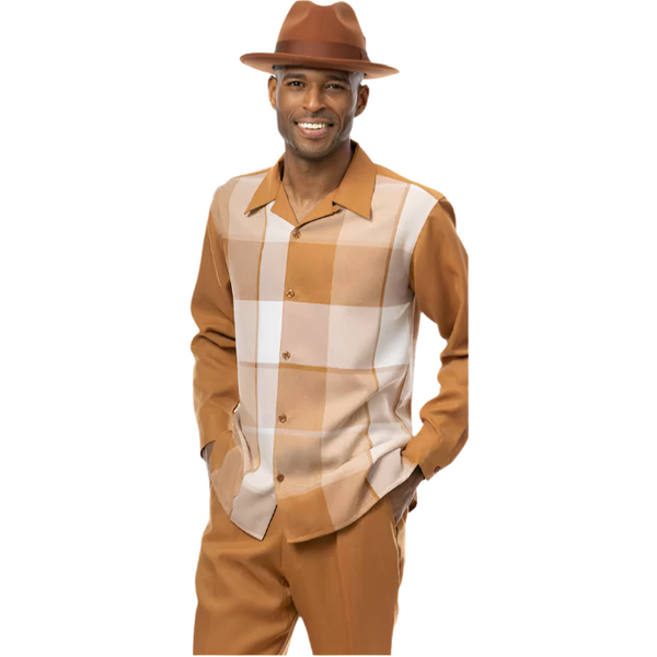 Men's MONTIQUE Two Piece Set Walking Leisure Suit 2370 Copper Tan Plaid