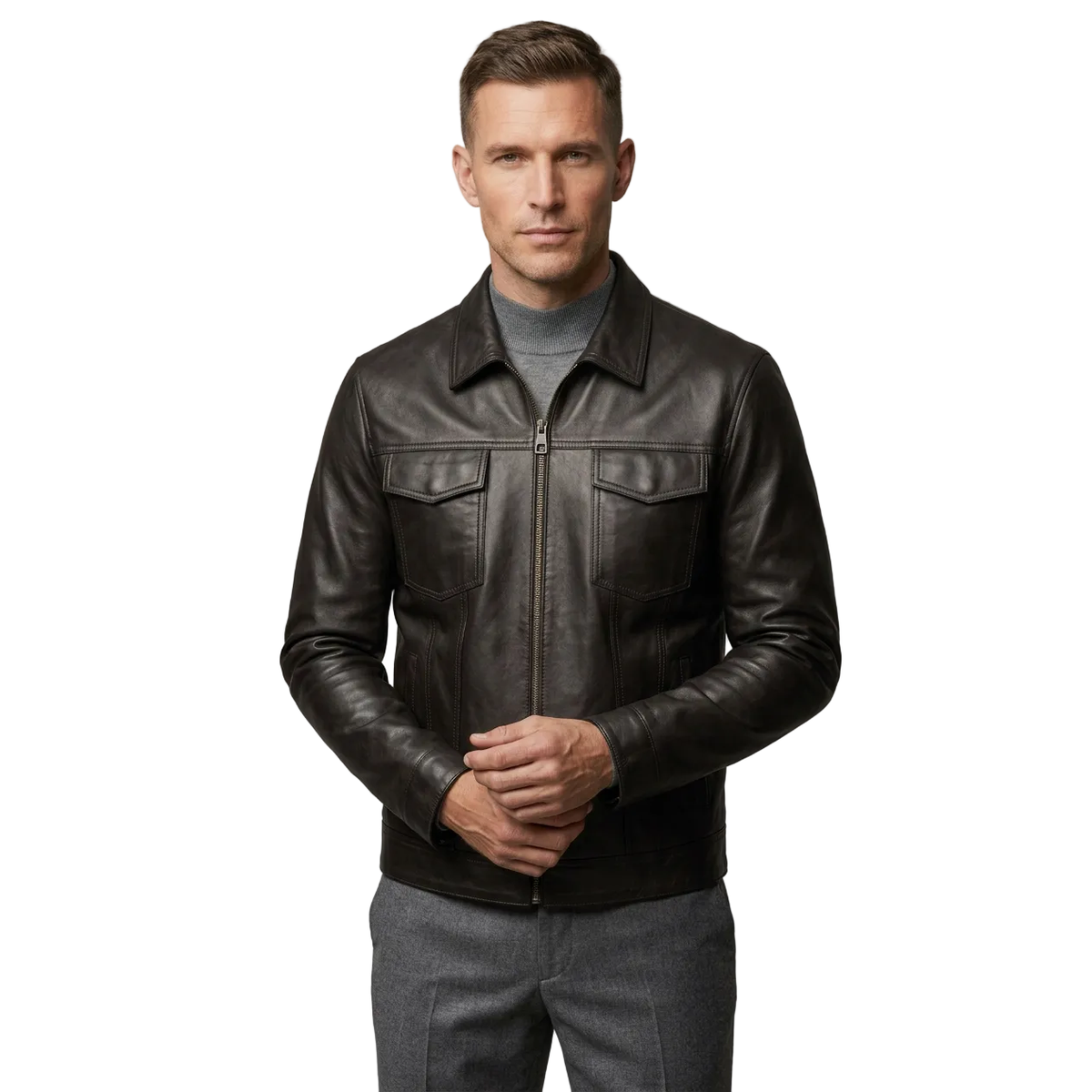 Men's VIA CONDOTTI Fine Lamb Skin Leather Zipper Jacket 2409 Black