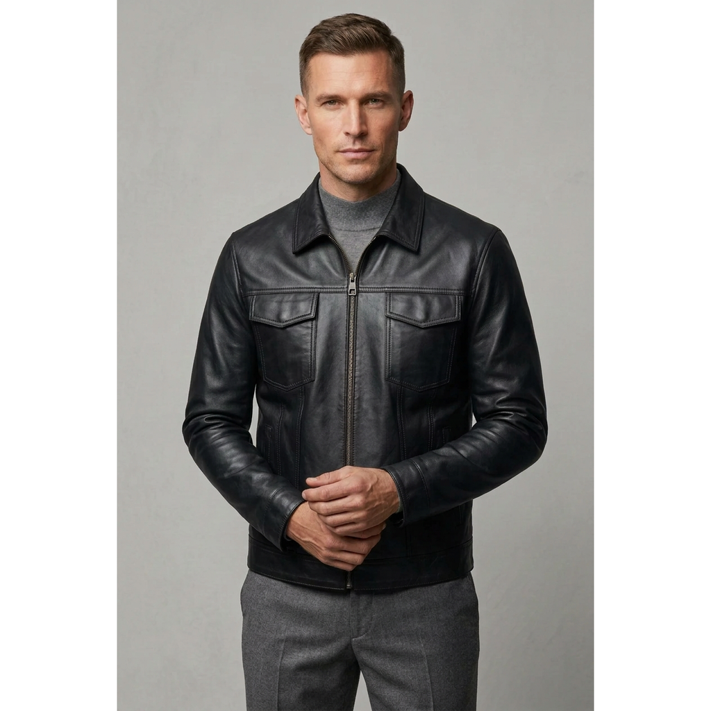 Men's VIA CONDOTTI Fine Lamb Skin Leather Zipper Jacket 2409 Black