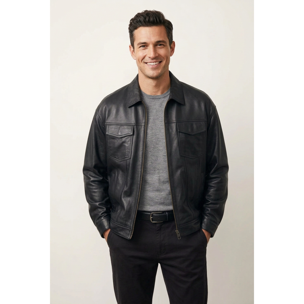 Men's VIA CONDOTTI Fine Lamb Skin Leather Zipper Jacket 2409 Black